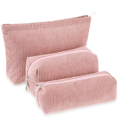 Huhumy 3 Pcs Corduroy Makeup Bag Set for Women, Pink, Solid Style