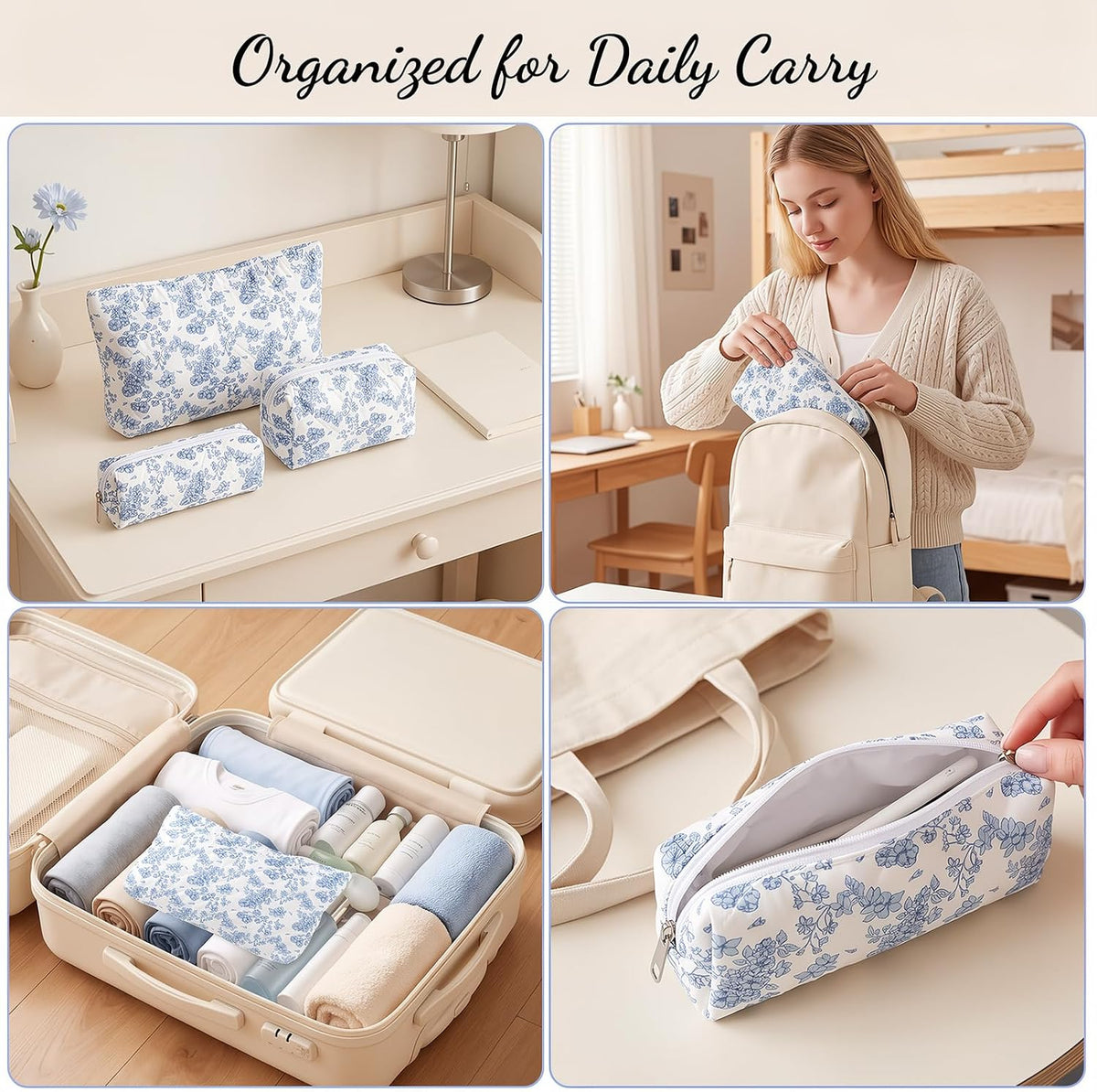 3 Pack Quilted Makeup Bag Floral Toiletry Bag for Traveling Women Girls