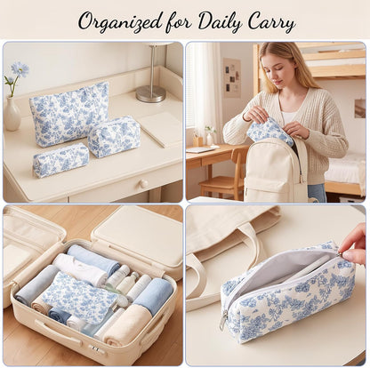 3 Pack Quilted Makeup Bag Floral Toiletry Bag for Traveling Women Girls