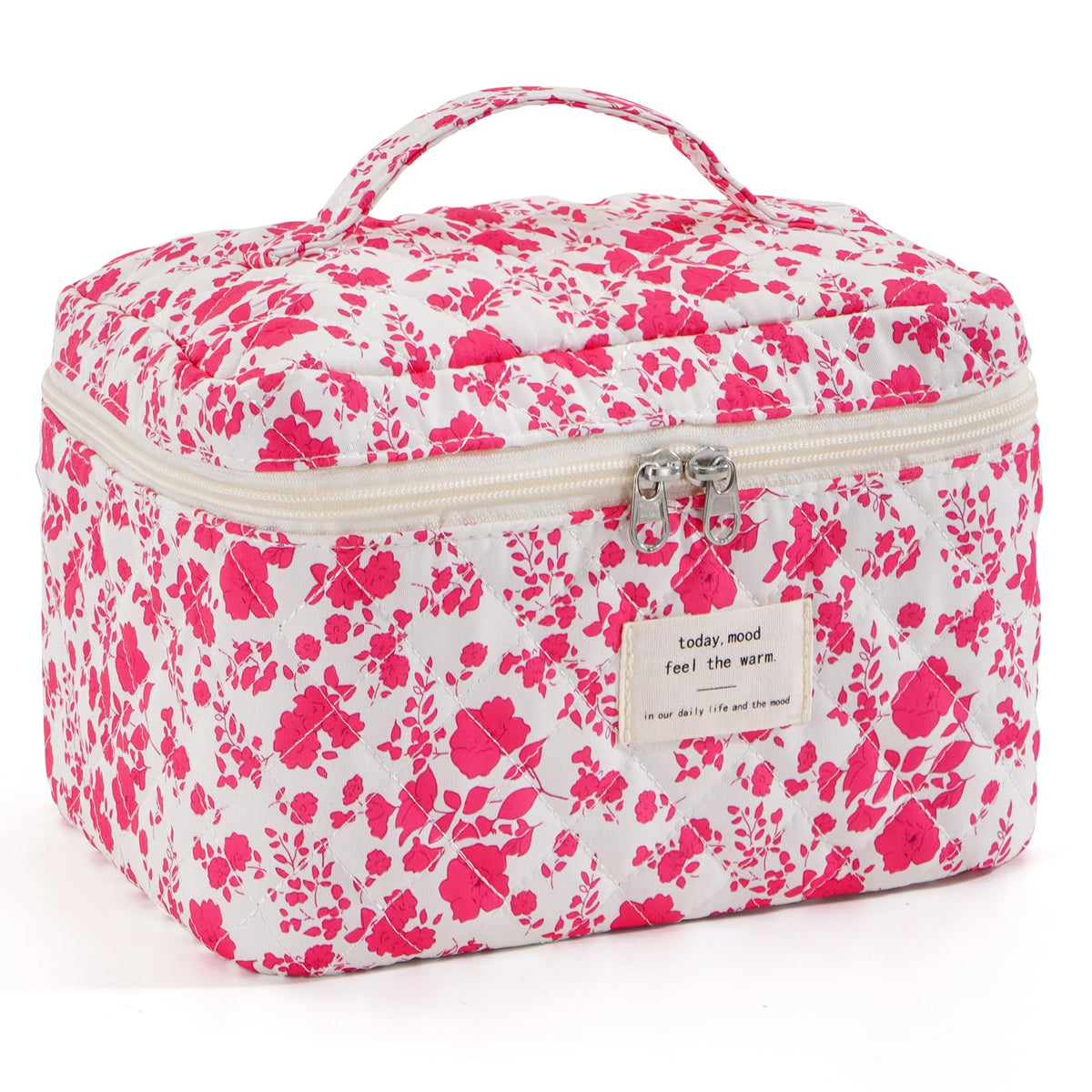 Makeup Bag for Women Quilted Cotton Make Up Bag Travel Cosmetic Bag Large Makeup Bag Cute Makeup Bags Organizer Floral Toiletry Bag Makeup Pouch for Purse, Pink Floral A-1PCS