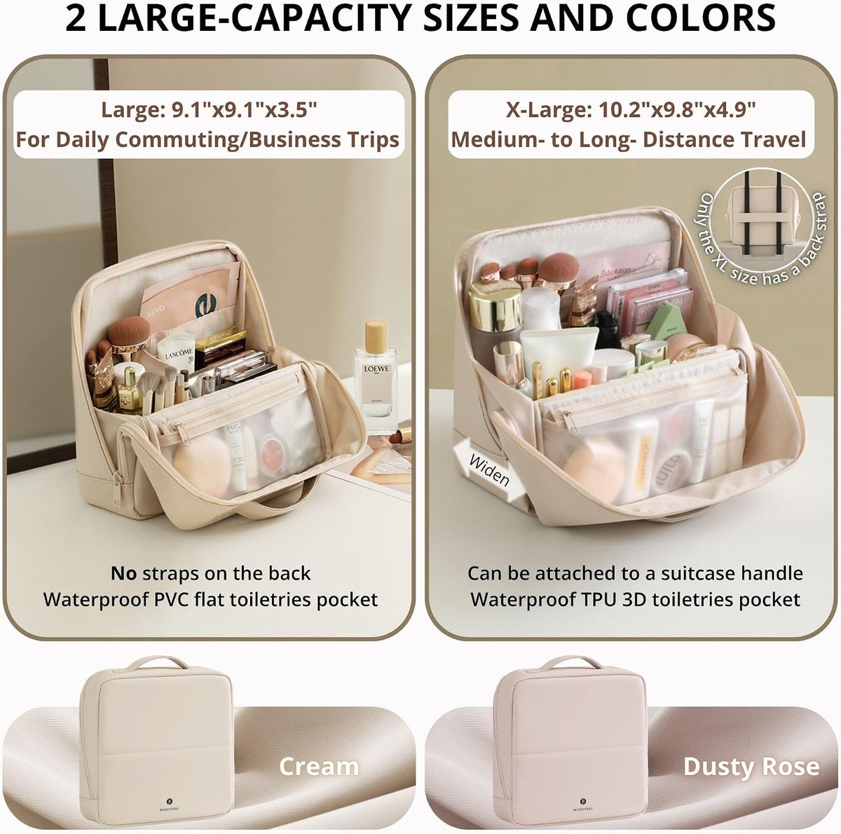 tianzong Travel Makeup Bag with Magnetic Fold-Down Flap, Waterproof Leather Cosmetic and Toiletry Organizer for Women, Multi-Zone Standing Storage, Dusty Rose, X-Large