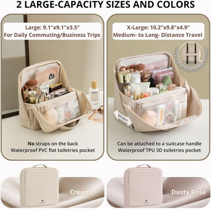tianzong Travel Makeup Bag with Magnetic Fold-Down Flap, Waterproof Leather Cosmetic and Toiletry Organizer for Women, Multi-Zone Standing Storage, Dusty Rose, X-Large