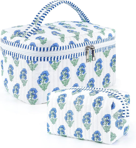 2 Pcs Quilted Makeup Bag Set, Floral Travel Cosmetic Bags for Women Girls