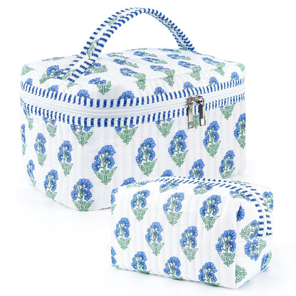 2 Pcs Quilted Makeup Bag Set, Floral Travel Cosmetic Bags for Women Girls