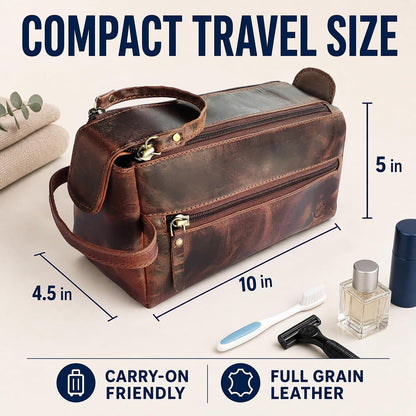 Leather Toiletry Bag for Men - Full Grain Travel Dopp Kit & Shaving Bag