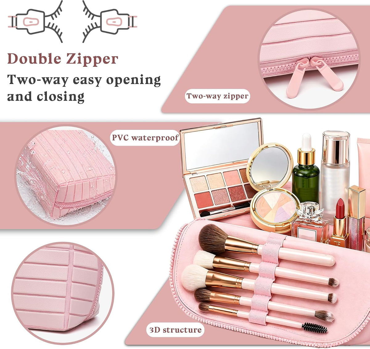 Travel parallel vertical Makeup Bag with Fold-Down Design and Adjustable Dividers,upright Cosmetic Toiletry Bags Brown