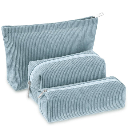 Huhumy 3 Pcs Corduroy Makeup Bag Set for Women, Pink, Solid Style