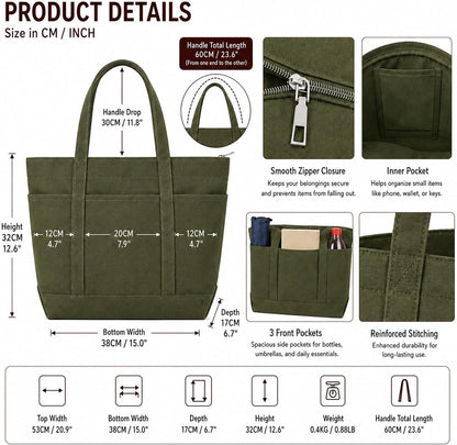 Large Canvas Tote Bag with Zipper, Multi Pockets for Work Travel