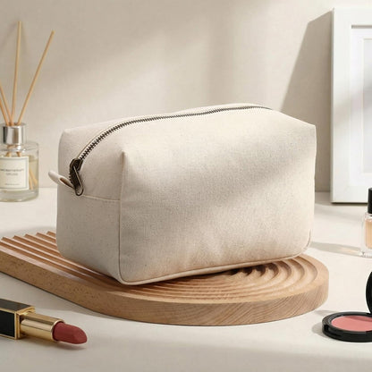 Canvas Makeup Bag for Women Beige Cosmetic Pouch with Zipper