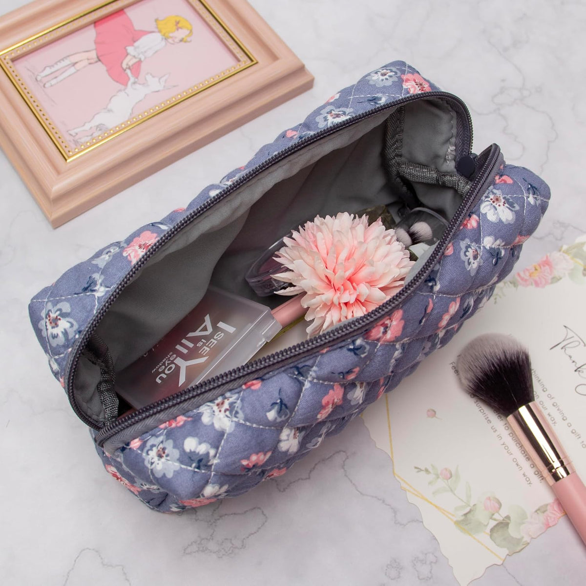 PAZIMIIK Small Quilted Makeup Bag,Zipper Cosmetic Pouch,Grey Floral