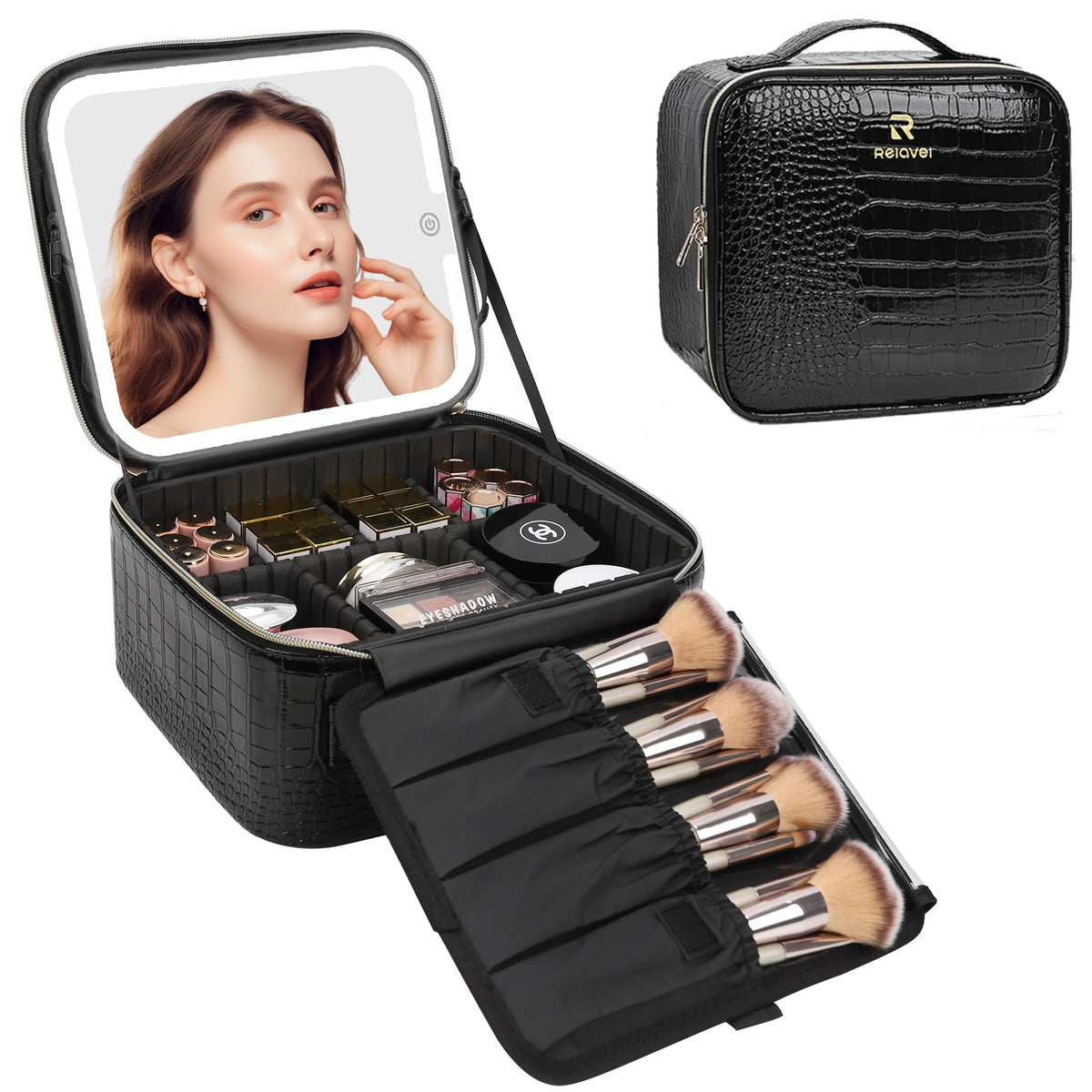 Chomeiu Makeup Bag with LED Mirror, Travel Cosmetic Bag with Shoulder Strap