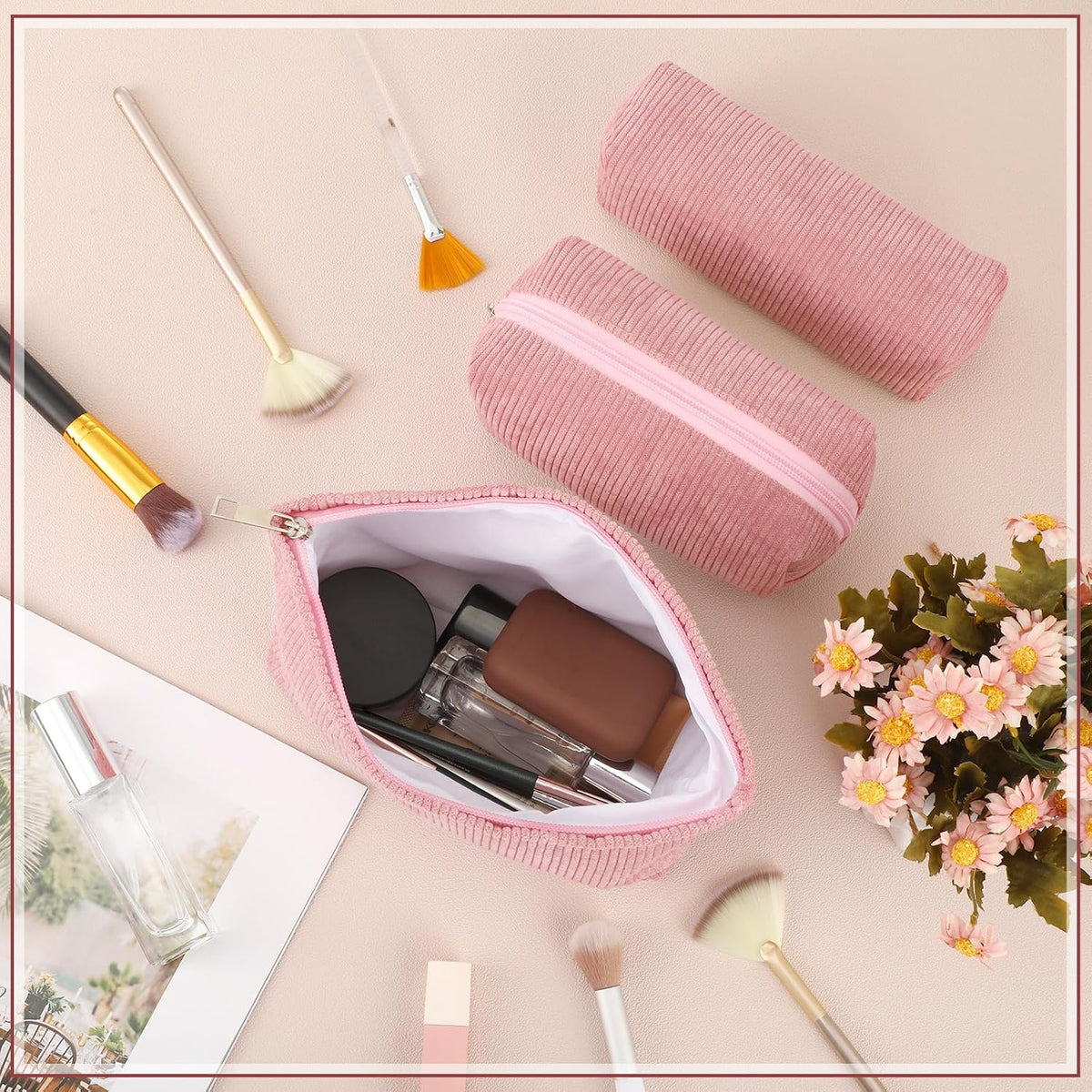 Huhumy 3 Pcs Corduroy Makeup Bag Set for Women, Pink, Solid Style