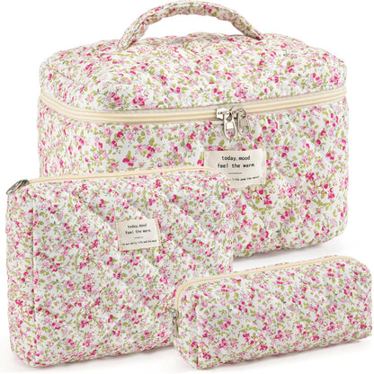 Makeup Bag for Women Quilted Cotton Make Up Bag Travel Cosmetic Bag Large Makeup Bag Cute Makeup Bags Organizer Floral Toiletry Bag Makeup Pouch for Purse, Pink Floral A-1PCS