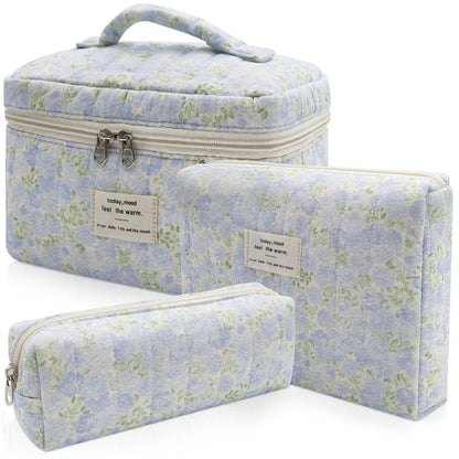 Gosect Makeup Bag Set, Quilted Makeup Bags, Large Floral Cosmetic Bag for Women, Cute Cotton Makeup Bags, Flower Travel Toiletry Organizer Bag (Folk Style)