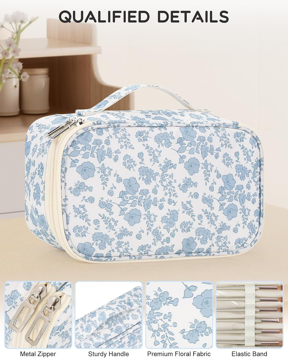 Relavel Travel Makeup Bag, Small Floral Cosmetic Bag with Handle for Trip