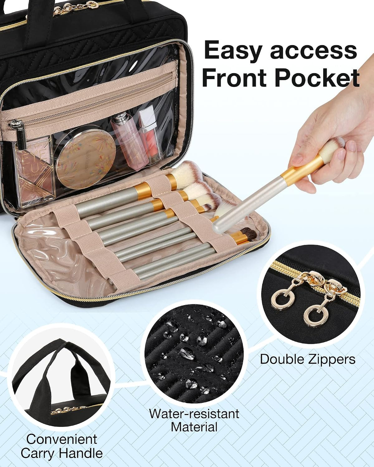 BAGSMART Toiletry Bag Hanging Travel Makeup Organizer with TSA Approved Transparent Cosmetic Bag Makeup Bag for Full Sized Toiletries, Medium-Black