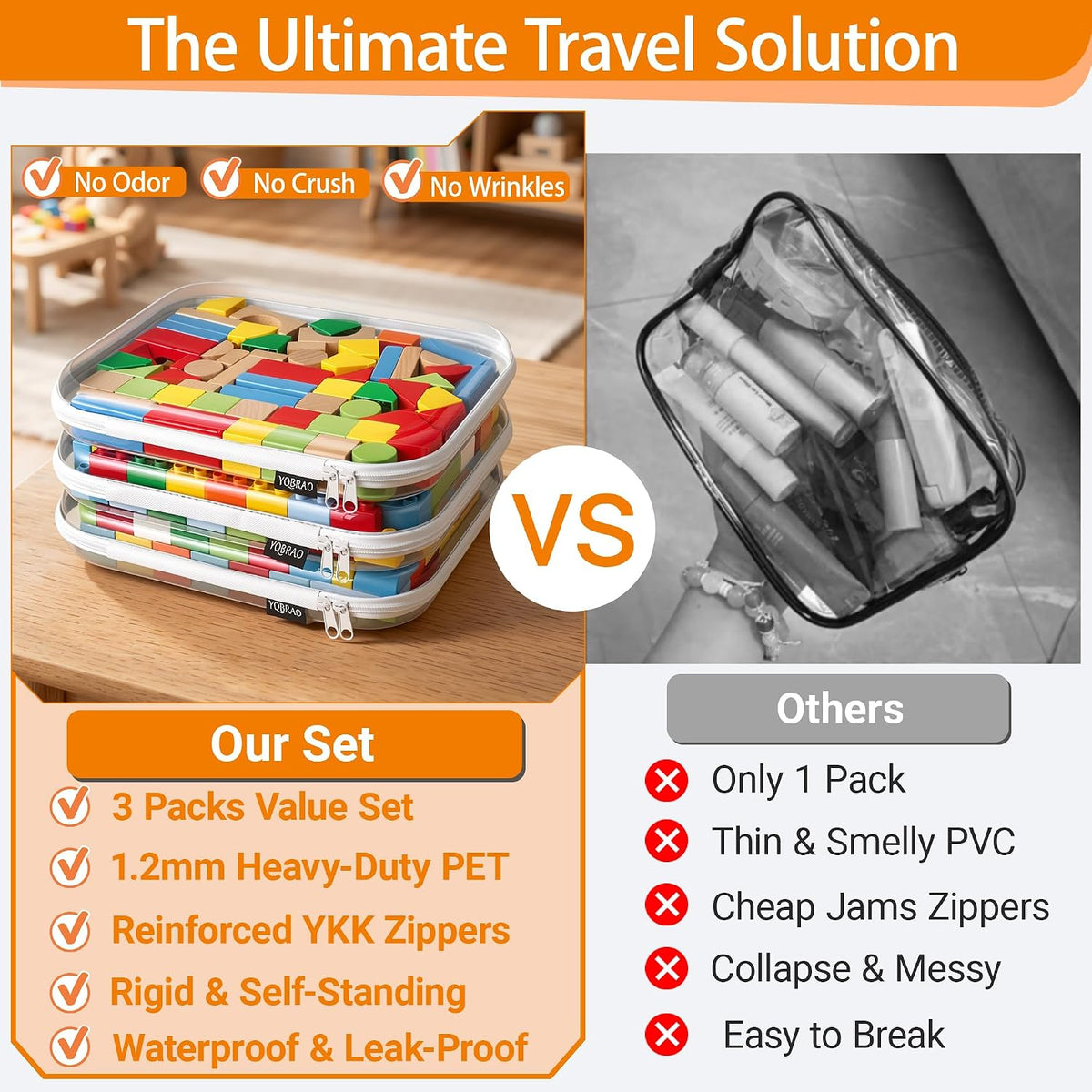 YQBRAO Clear Hard Shell Zipper Cases, 3 Large Travel Organizers, White