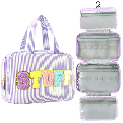 Toiletry Bag for Women Travel Water-resistant Cosmetic Bag Fashion Stripes Makeup Bag with Hanging Hook Preppy for Store Toiletries Cosmetic Accessories Medium Pink