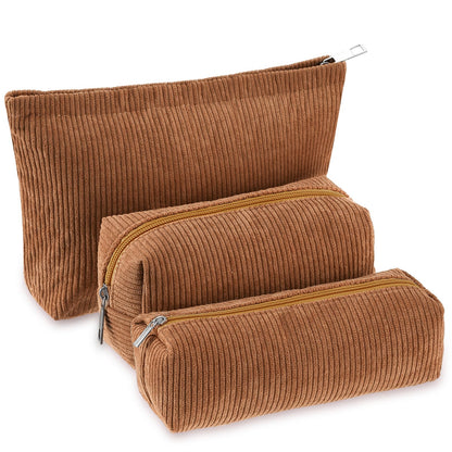 Huhumy 3 Pcs Corduroy Makeup Bag Set for Women, Pink, Solid Style