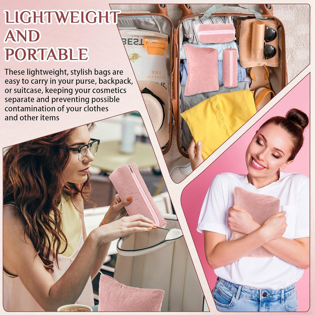 Huhumy 3 Pcs Corduroy Makeup Bag Set for Women, Pink, Solid Style