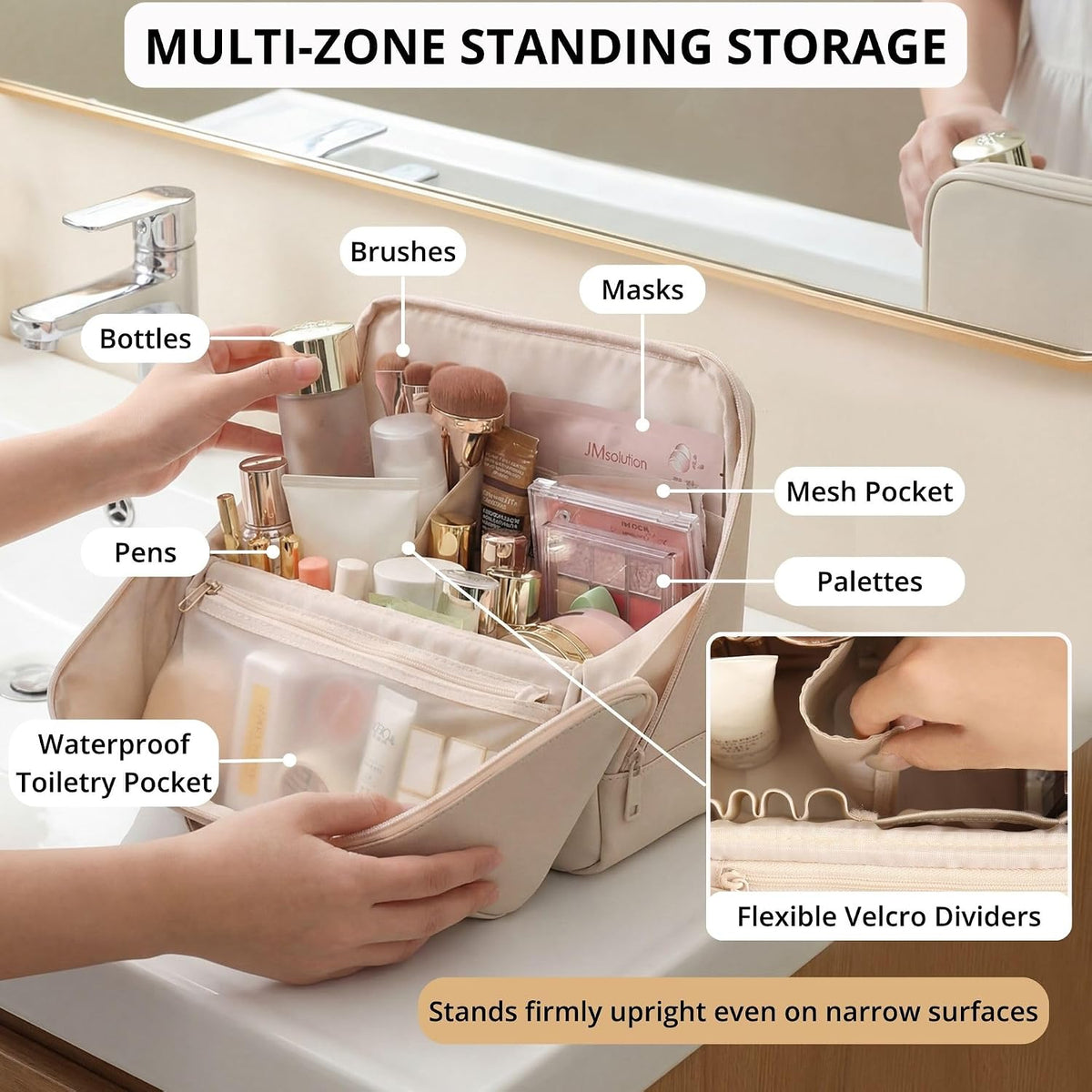 tianzong Travel Makeup Bag with Magnetic Fold-Down Flap, Waterproof Leather Cosmetic and Toiletry Organizer for Women, Multi-Zone Standing Storage, Dusty Rose, X-Large