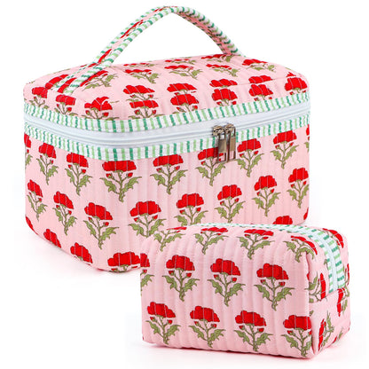 2 Pcs Quilted Makeup Bag Set, Floral Travel Cosmetic Bags for Women Girls