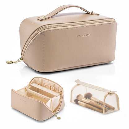 VLANDO Travel Makeup Bag with 180°Opening, Women Toiletry Case,Toffee