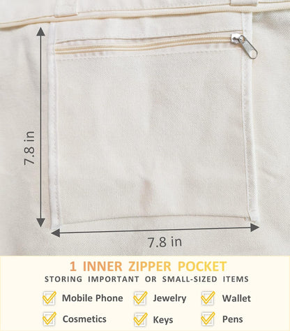 Canvas Tote Bag, Pockets, Zipper, Durable, Lightweight, Cotton Shopping Cloth Bag, Gifts