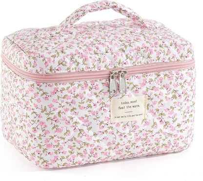 Makeup Bag for Women Quilted Cotton Make Up Bag Travel Cosmetic Bag Large Makeup Bag Cute Makeup Bags Organizer Floral Toiletry Bag Makeup Pouch for Purse, Pink Floral A-1PCS