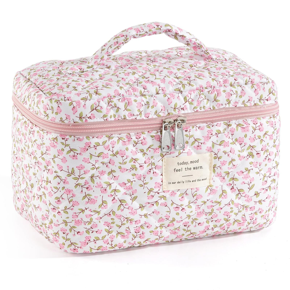 Makeup Bag for Women Quilted Cotton Make Up Bag Travel Cosmetic Bag Large Makeup Bag Cute Makeup Bags Organizer Floral Toiletry Bag Makeup Pouch for Purse, Pink Floral A-1PCS
