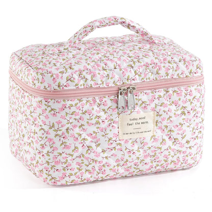 Makeup Bag for Women Quilted Cotton Make Up Bag Travel Cosmetic Bag Large Makeup Bag Cute Makeup Bags Organizer Floral Toiletry Bag Makeup Pouch for Purse, Pink Floral A-1PCS