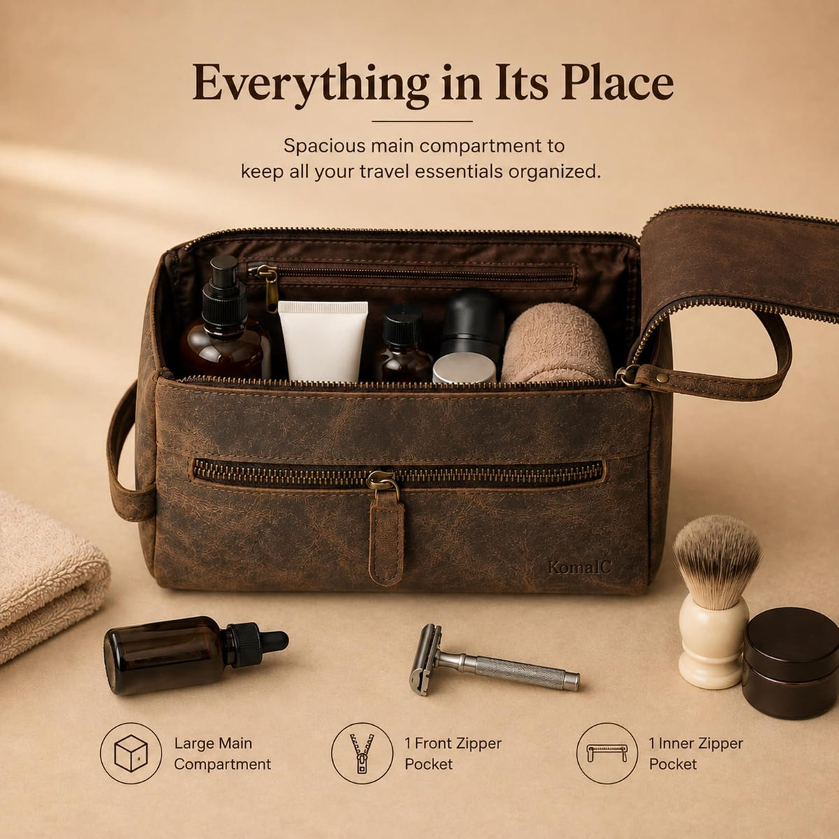 KomalC Buffalo Leather Toiletry Bag for Men & Women, Travel Pouch