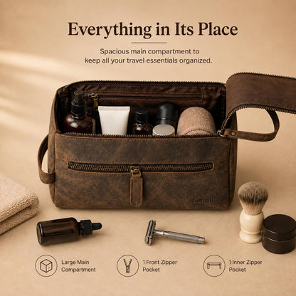 KomalC Buffalo Leather Toiletry Bag for Men & Women, Travel Pouch