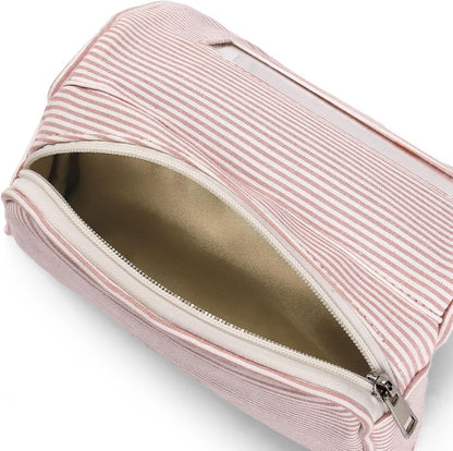 Women’s Cute Nylon Makeup Bag with Built-in Mirror, Protable Lightweight Cosmetic Bag, Trendy Toiletry Bag for Travel (Light Pink Stripe)