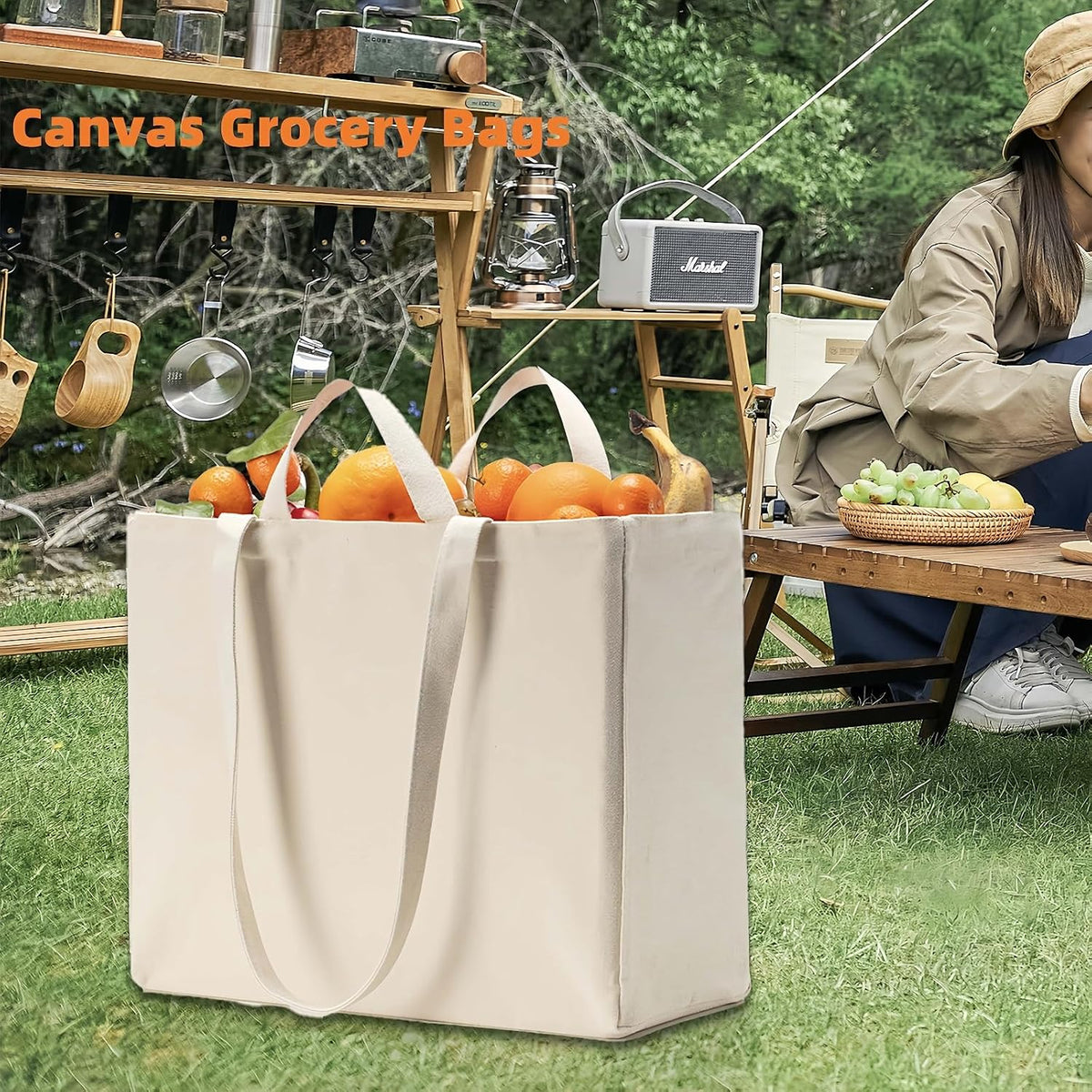 LINICE 3 Pack Canvas Grocery Bags with Long Shoulder Strap and Short Handle