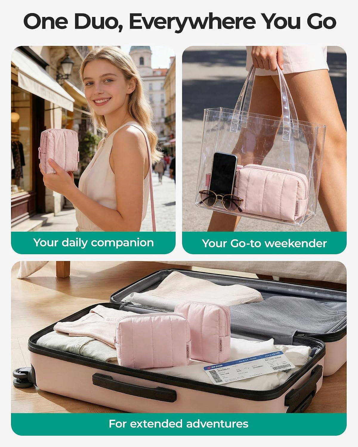BAGSMART Puffy Travel Makeup Bag Duo Large & Small for Women, Baby Pink