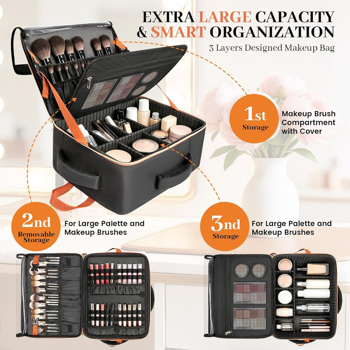 Makeup Backpack, Extra Large Makeup Case Bag with 4 Pouches, Professional Cosmetic Storage Organizer Bag with Adjustable Divider & Brush Slots, Travel Makeup Artist Kit Set Bag for Makeup Artists