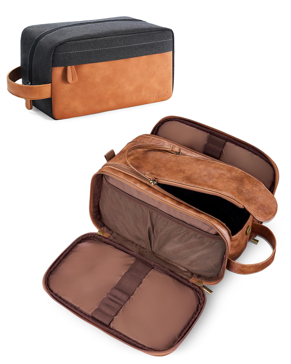 Elviros Travel Toiletry Bag for Men PU Leather Dopp Kit (Small, Brown)