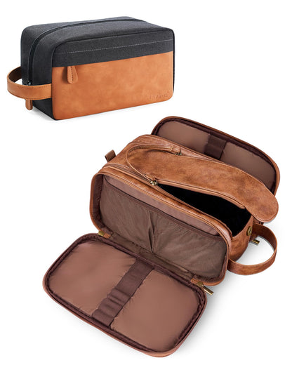 Elviros Travel Toiletry Bag for Men PU Leather Dopp Kit (Small, Brown)