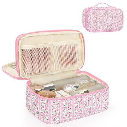 Relavel Travel Makeup Bag, Small Floral Cosmetic Bag with Handle for Trip