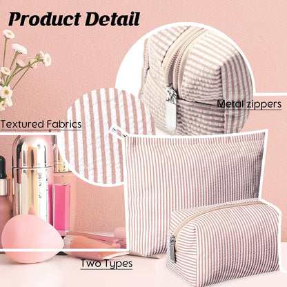 Huhumy 2 Pcs Makeup Bag Set for Women, Khaki, Thin Stripe