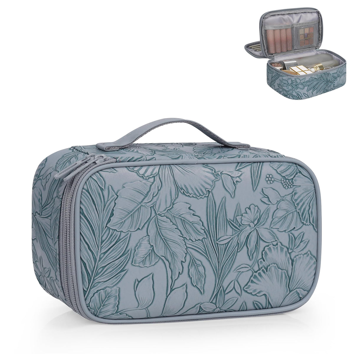 Relavel Travel Makeup Bag, Small Floral Cosmetic Bag with Handle for Trip