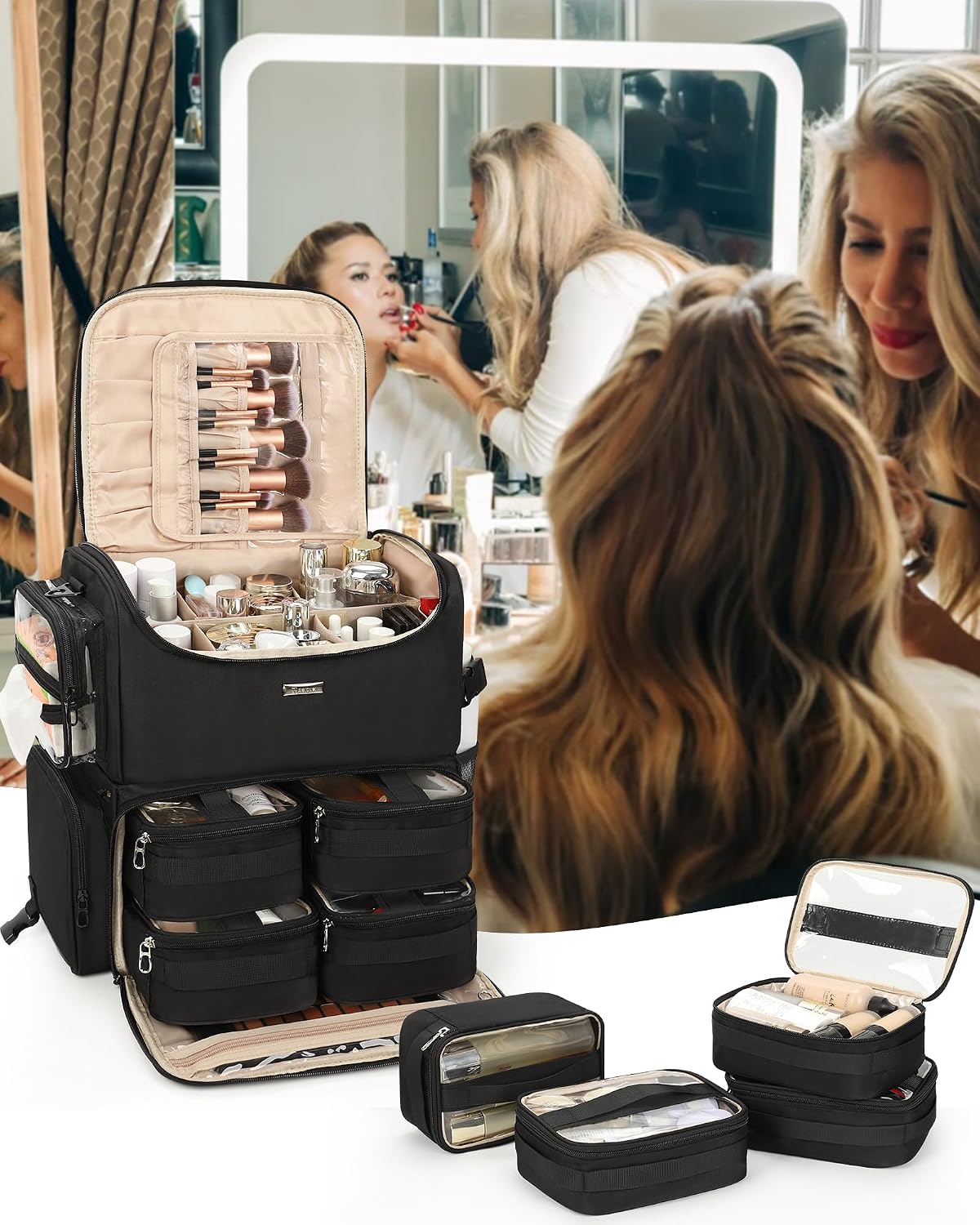 Relavel Rolling Makeup Case, Professional Makeup Artist Set Bag Cosmetic Organizer with 4 Clear Bags & Adjustable Dividers, Large Capacity Travel Train Case, Black
