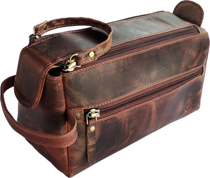 Leather Toiletry Bag for Men - Full Grain Travel Dopp Kit & Shaving Bag