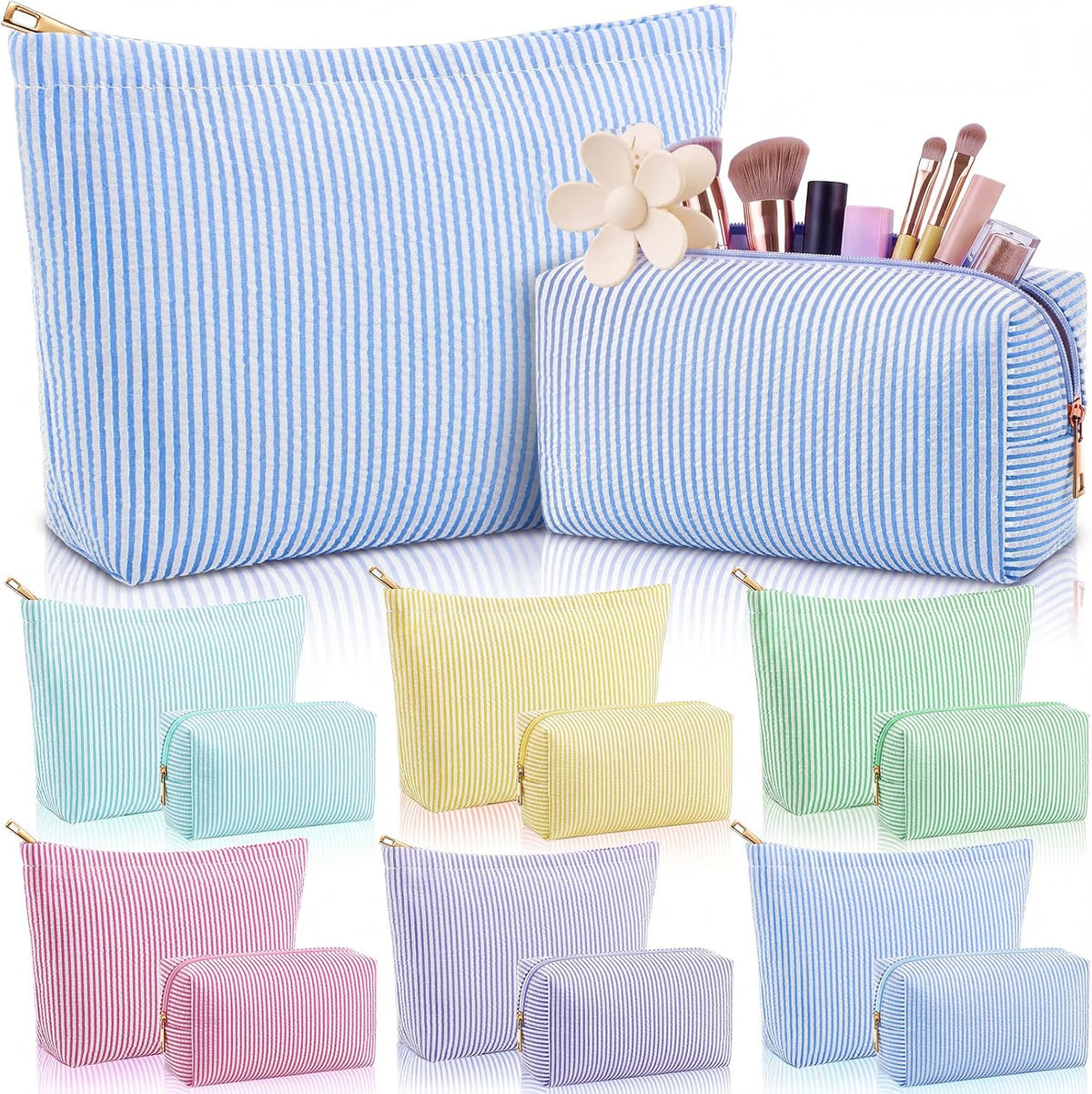 Huhumy 12 Pcs Seersucker Makeup Bags for Woman Striped, 6 Colors