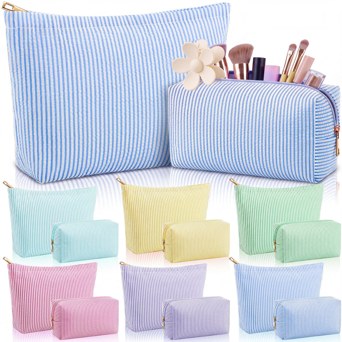 Huhumy 12 Pcs Seersucker Makeup Bags for Woman Striped, 6 Colors