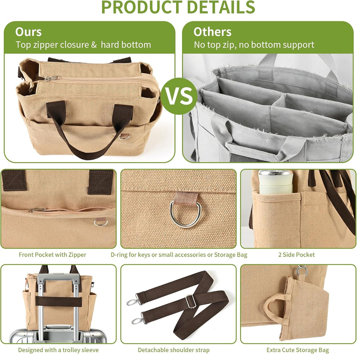Small Canvas Tote Bag with Multi Pockets, Crossbody Shoulder Bag with Compartments and Zipper, Lightweight Adjustable