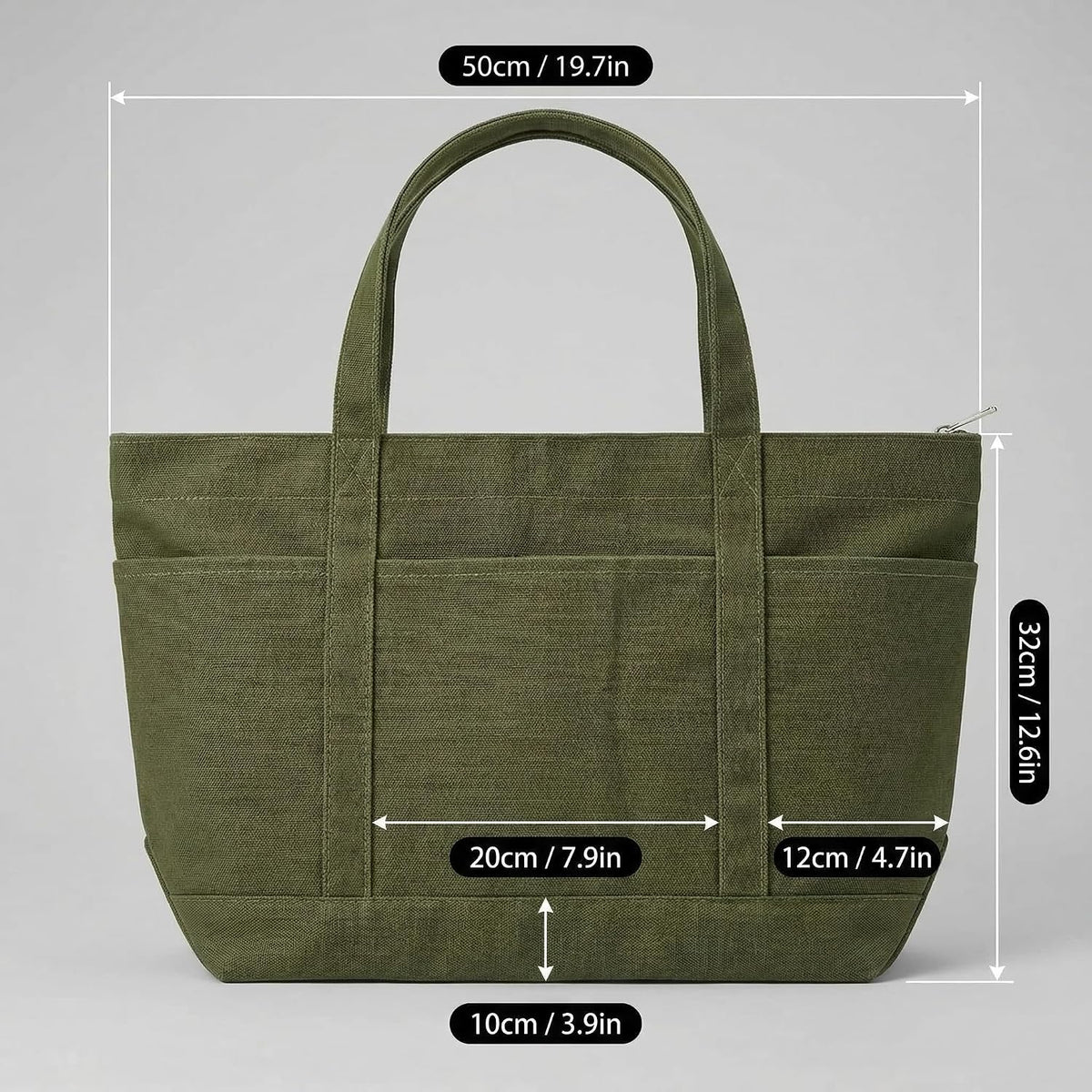 Large Canvas Tote Bag with Zipper, Multi Pockets for Work Travel