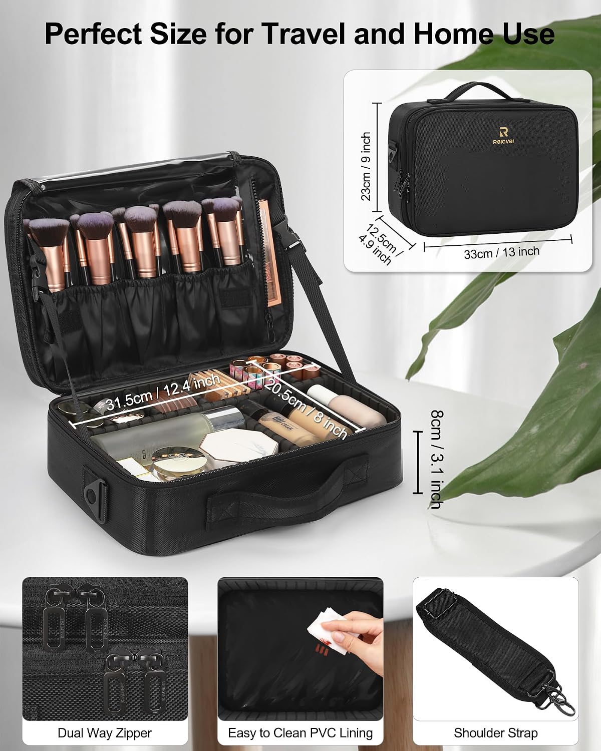 Relavel Makeup Bag Travel Makeup Train Case Large Cosmetic Case Professional Portable Makeup Brush Holder Organizer and Storage with Adjustable Dividers and Shoulder Strap Black