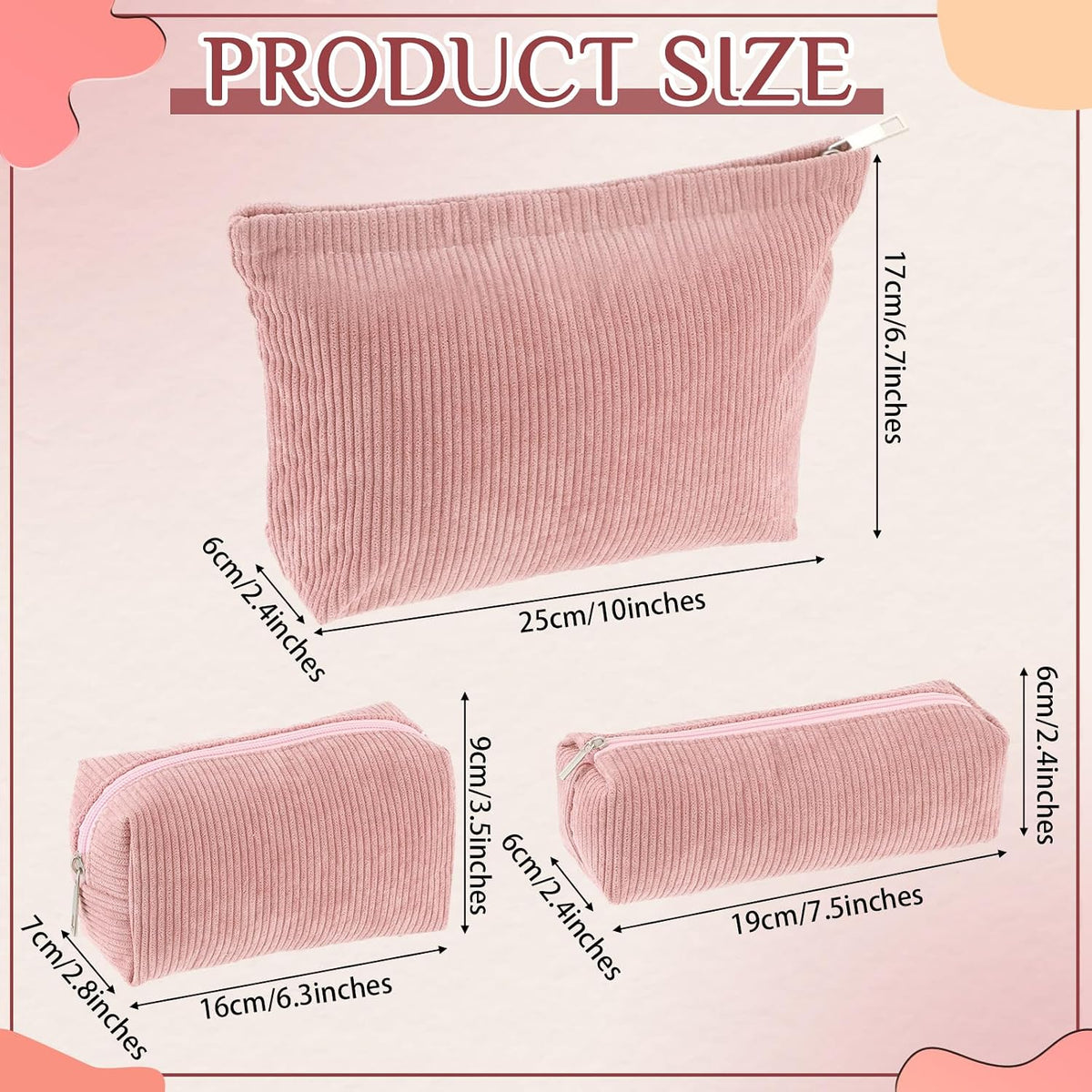 Huhumy 3 Pcs Corduroy Makeup Bag Set for Women, Pink, Solid Style